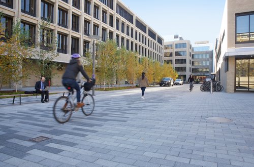 people walk through passage of pavers between buildings